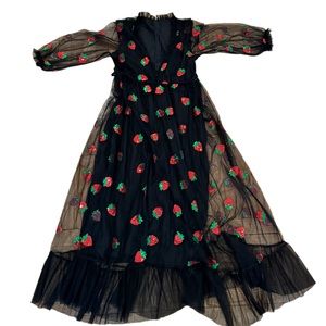 Black tulle  sequined red Strawberries appliqués elastic waist maxi dress Sz XL
